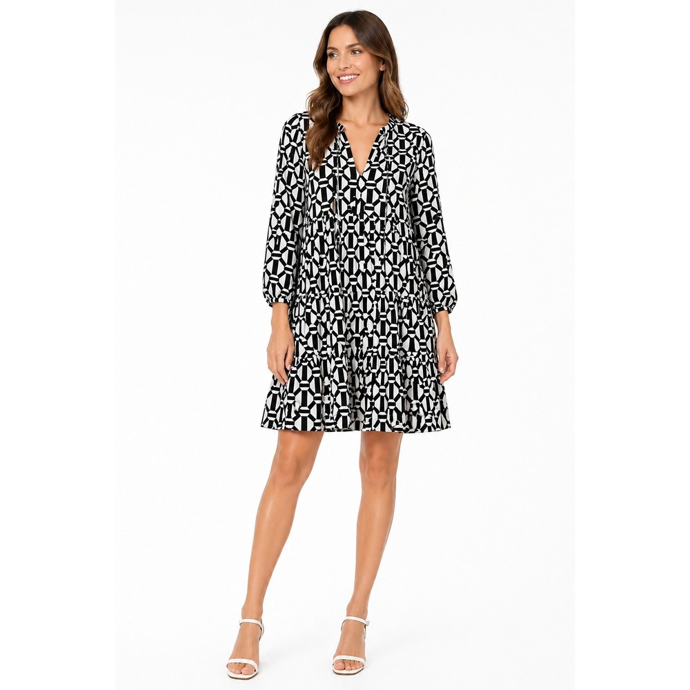 Ellen Tracy Boho Swing Dress Size S BlackWhite Geometric Tiered Lightweight Mini